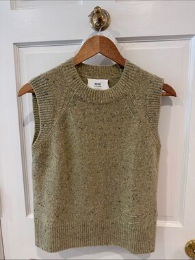 Ami Olive Green Knit Sleeveless V-Neck Sweater Vest